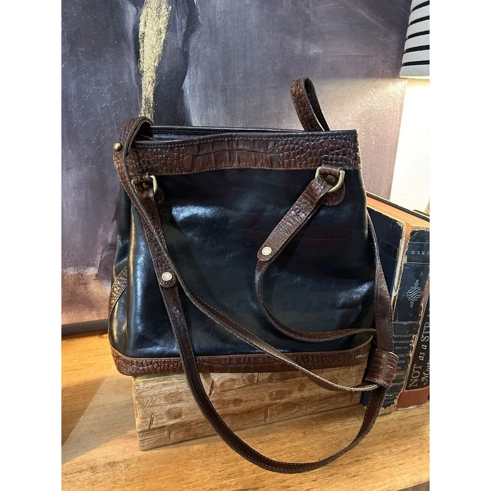BRAHMIN Vintage Tuscan Shoulder Bag Purse Black Brown Leather Double strap